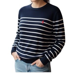 Polo by‎ Ralph Lauren Navy and White Striped Crewneck Sweater